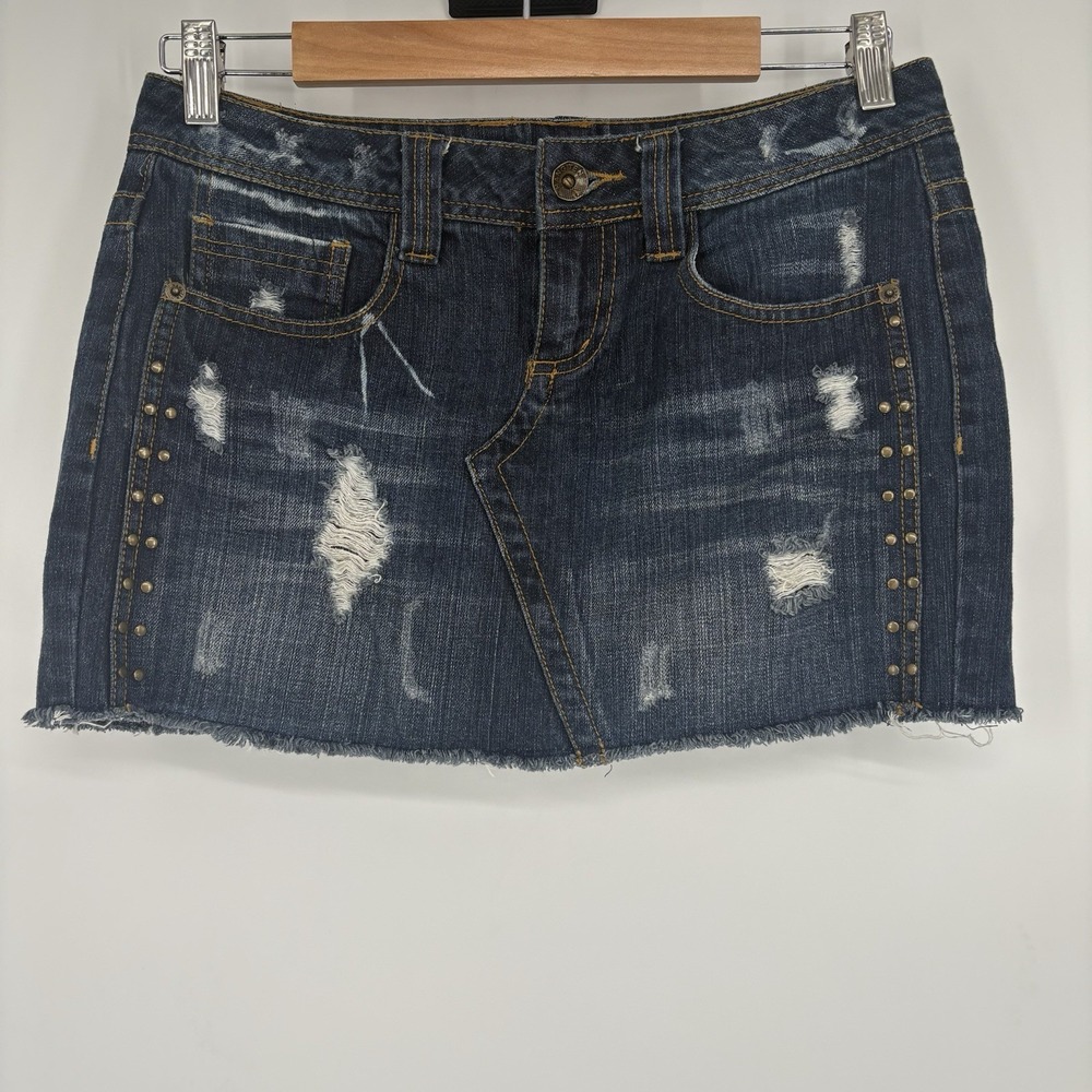 Y2K Hang Ten Womens Micro Mini Jean Skirt 3 Dark Wash Studded Distressed Retro